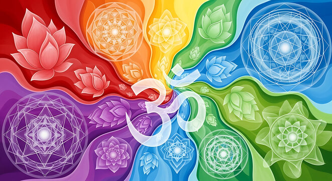Colorful chakra background with lotus flowers and sacred om symbol