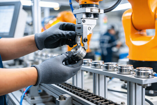 Worker in protective gloves assembling metal components with robotic arm in a modern factory