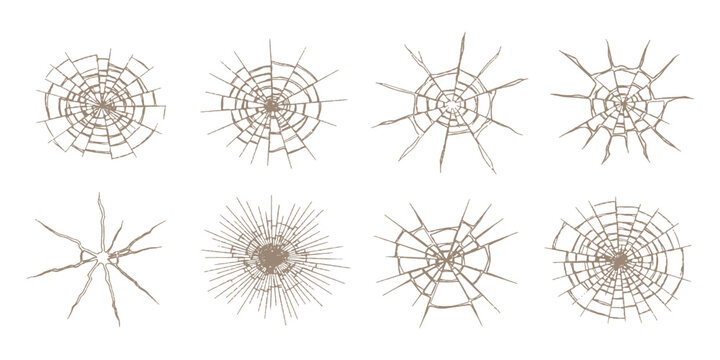 Shattered set broken glass&nbsp;window cracks and smashed mirror damage effects with sharp edges vector illustration.