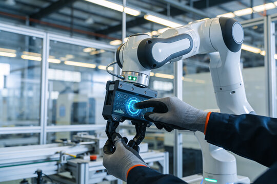 Industrial robot arm controlled by a touch screen interface in a modern factory setting