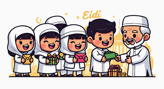 Cartoon of a smiling elderly man in a white thobe and kufi cap handing out green paper money and gifts to a group of happy children wearing traditional white headscarves for eid
