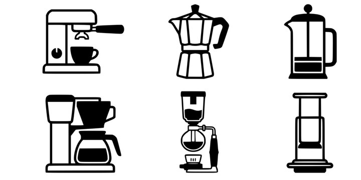 Coffee Makers Icons: Espresso, Moka, French Press, Drip, Siphon, Aeropress
