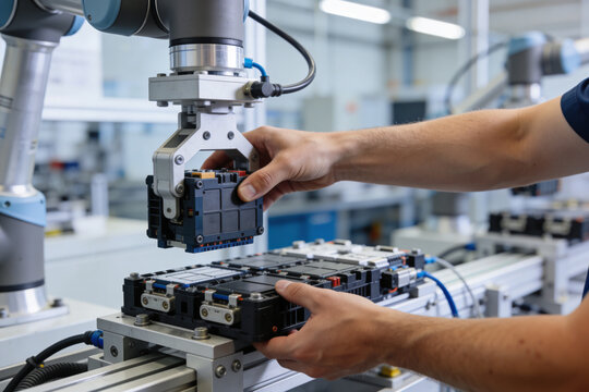 Robotic arm and human hands assembling battery modules on an automated production line
