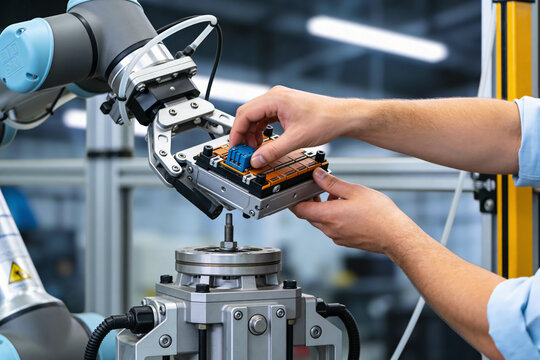 Robotic arm and human hands collaborate on intricate electronic component assembly
