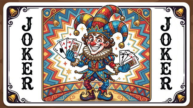 Joker Playing Card Illustration with Jester, Colorful Costume, and Fun Typography for Casino, Gambling, and Entertainment Designs