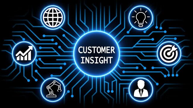 customer insight concept with circuit lines and digital symbols hovering above a businessman, technology. manufacturing process management all connected in a digital circle like pattern.