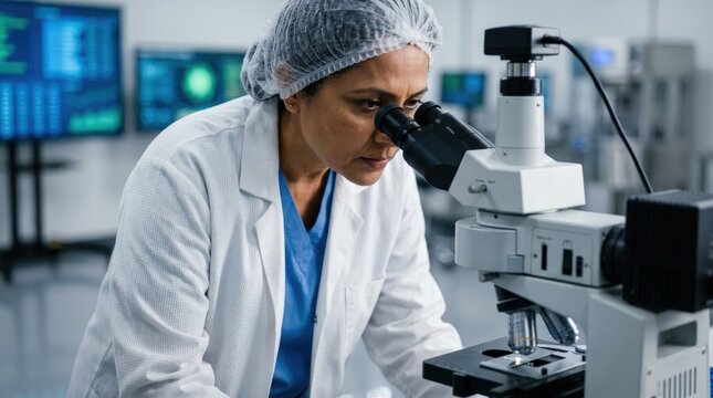 Female scientist look into microscope in laboratory