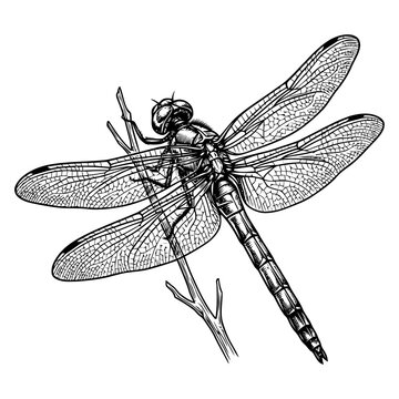 An illustration of a dragonfly perched on a twig with wings spread widely outdoors