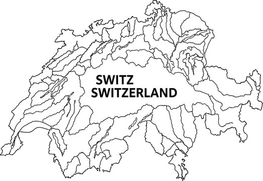 Black and white outline map of switzerland showing cantons and borders with text label
