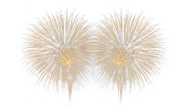 Golden fireworks display on white, festive pyrotechnic explosions for celebration, elegant gold firework bursts for holiday events and luxury design isolated PNG with Transparent Background