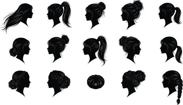 Set of Women Hairstyle Vector Silhouettes Featuring Various Hair Cuts Ponytails Buns and Braids in Profile View for Beauty and Fashion Design Projects
