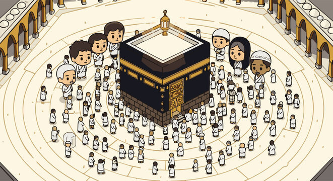 Isometric cartoon of the kaaba in mecca, surrounded by a crowd of pilgrims in white ihram clothing, performing tawaf circumambulation in a circular courtyard with arched architecture
