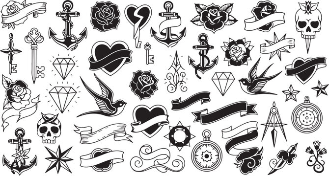 Tattoo icons, black and white, 40 tattoo symbols, vector graphics