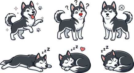 Cute Siberian Husky Dog Emotions Illustration Set with Happy, Confused, Angry, and Sleeping Poses for Pet, Animal, and Character Design © MdSumon