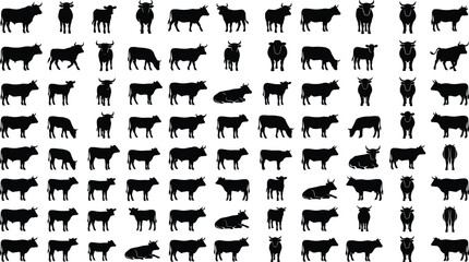 Black cow silhouette set, various cattle poses collection, farm animal vector icons isolated on white background for agriculture and livestock design © Yousuf