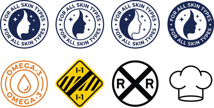 Skin Care, Nutrition, and Safety Label Icon Set with Omega-3, Chef, Health, and Warning Symbols for Wellness, Cosmetics, and Food ProductsSkin Care, Nutrition, and Safety Label Icon Set with Omega-3, 