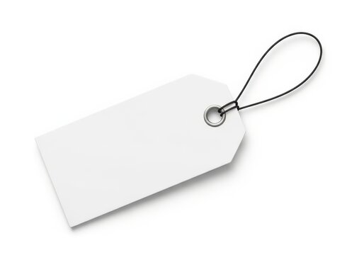 Blank tag attached with a black string loop on a white background