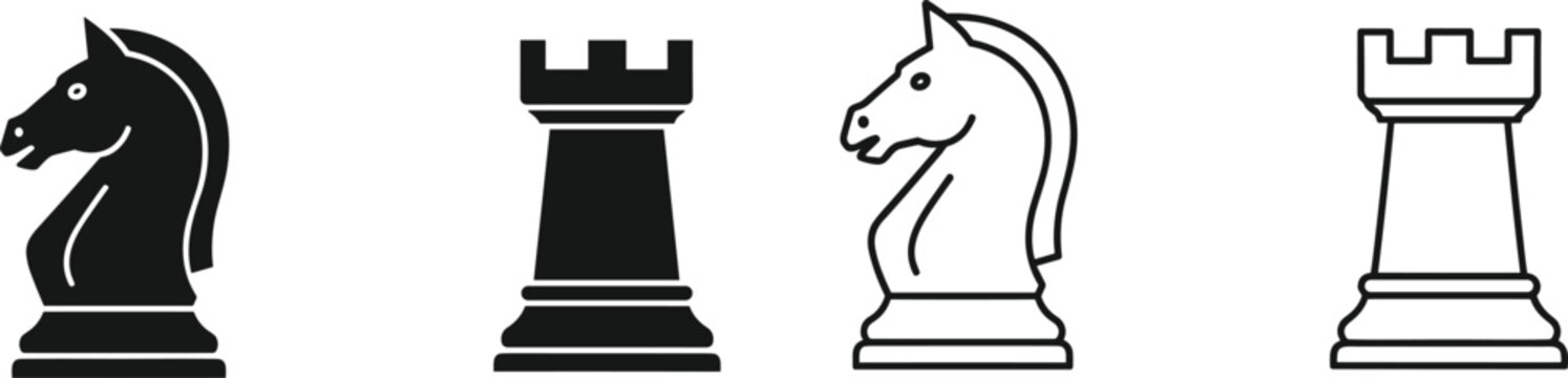 Chess Piece Icon Set Featuring Knight and Rook Figures in Black and White for Websites, Apps, and Digital Media