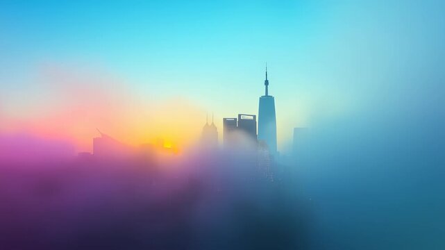 Blurry city silhouette enveloped in ethereal neon fog, creating a surreal and trendy visual effect. The gradient colors and soft focus convey a sense of mystery and modernity