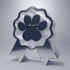 Chrome Pet award symbol icon isolated on grey background. Badge with dog or cat paw print and ribbons. Medal for animal. Minimalism concept. 3D render illustration © Vadim