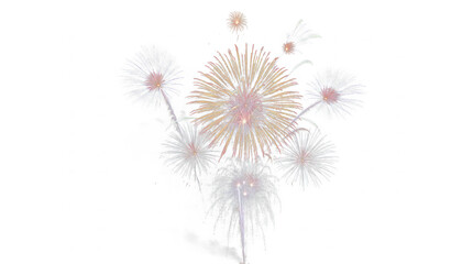 Obraz premium Golden and pink fireworks display, festive pyrotechnic explosions for celebration, bright sparkling firework bursts for holiday events and new year isolated PNG with Transparent Background