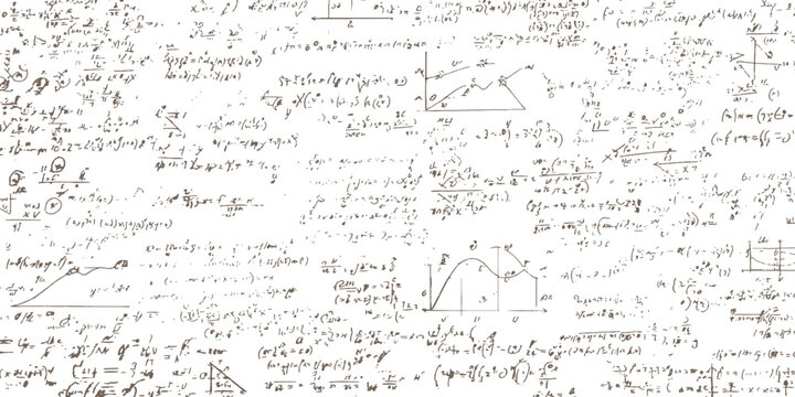 Complex mathematical equations and scientific physics formulas handwritten on white board background vector illustration.