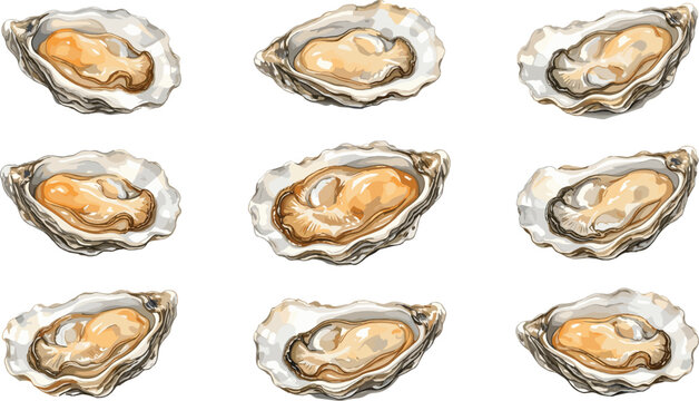Set of Fresh Raw Oysters on the Half Shell for Seafood Restaurant Menu Gourmet Dining and Mediterranean Cuisine Flat Vector Illustration