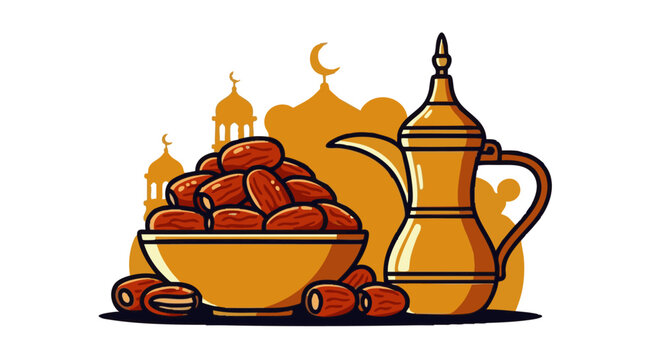 A bowl filled with brown dried dates next to a traditional golden arabic coffee pot, with a silhouette of a mosque and crescent moon in the background, illustrated in a flat, minimalist style