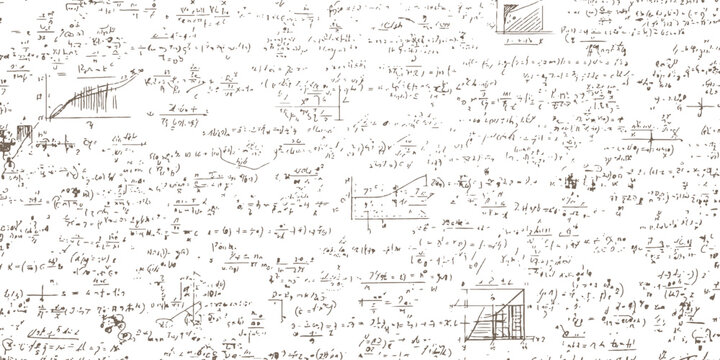 Complex mathematical equations and scientific physics formulas handwritten on white board background vector illustration.