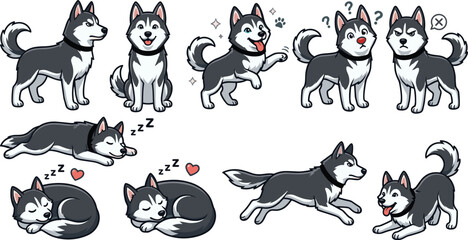 Cute Siberian Husky Dog Expressions and Actions Illustration Set with Playing, Sleeping, Running, and Emotional Poses for Pet and Character Design © MdSumon