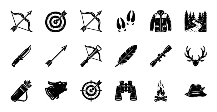 Collection of hunting icons and symbols in a rustic, hand-drawn style