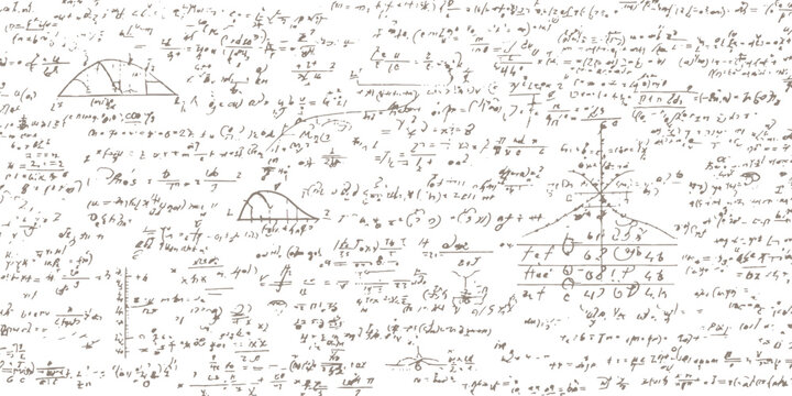 Complex mathematical equations and scientific physics formulas handwritten on white board background vector illustration.