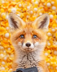 Obraz premium Cute red fox cub with bright blue eyes looks directly at viewer. Soft fur, alert ears, and curious expression. Background is vibrant yellow with white spherical elements. Perfect for advertising