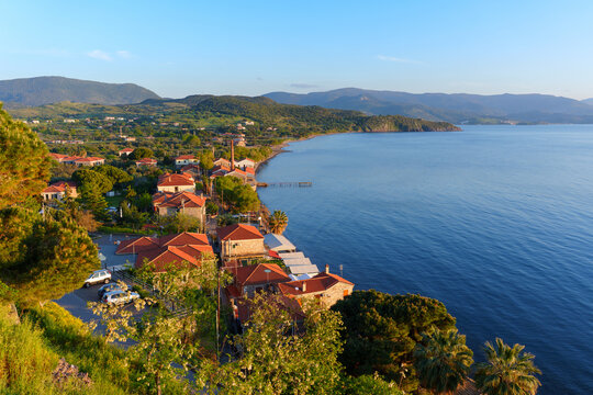 Scenic Coastal View of Molyvos Village and Aegean Sea in Lesvos Greece