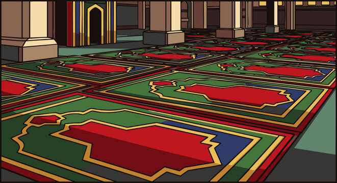 Interior view of a mosque prayer hall featuring rows of green and red prayer rugs, ornate geometric patterns, tall stone pillars, and a mihrab niche, rendered in a clean, flat style