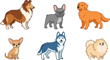 Fototapeta premium Cute Dog Breeds Illustration Set with Collie, French Bulldog, Golden Retriever, Chihuahua, Husky, and Pomeranian for Pet and Animal Design