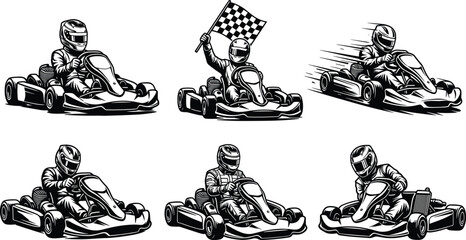 Go Kart Racing Vector Set Featuring Drivers in Helmets Racing Fast Holding Checkered Finish Flag for Professional Motorsport Competition Design Projects © Bappi