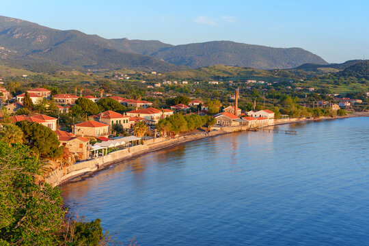 Scenic Coastal View of Molyvos Town on Lesvos Island Greece at Sunrise