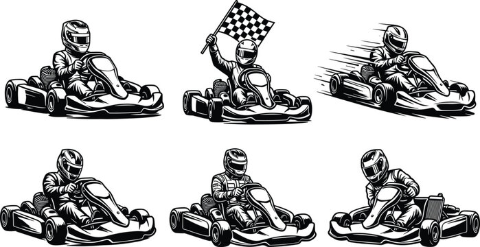 Go Kart Racing Vector Set Featuring Drivers in Helmets Racing Fast Holding Checkered Finish Flag for Professional Motorsport Competition Design Projects