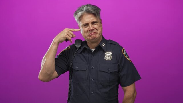 Man police officer points finger to temple with radio microphone visible in studio; confusion doubt.