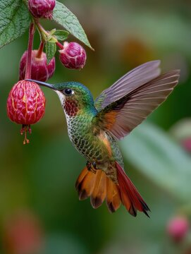 Vibrant tropical hummingbird hovering in mid air while feeding on exotic red bell flowers in a lush green garden setting, showcasing stunning iridescent feathers and graceful motion captured.