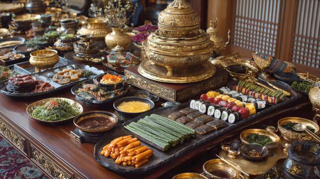 Grand luxury banquet table filled with various traditional dishes, golden bowls, ornate vessels, and assorted appetizers like sushi and greens, reflecting a royal or cultural celebration.