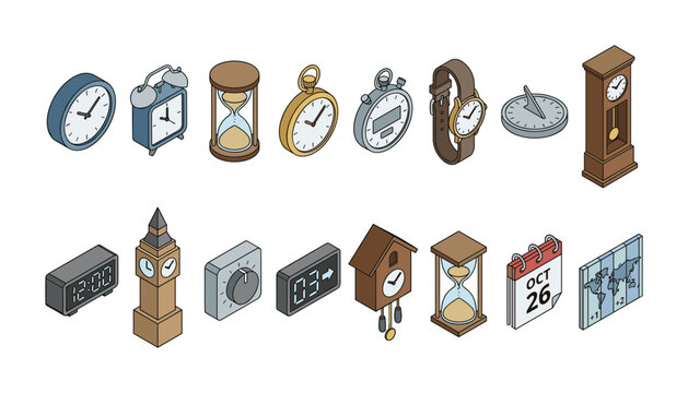 Collection of diverse timekeeping devices and measurement tools in isometric view