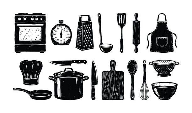 Collection of kitchen utensils and appliances in a linocut style
