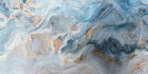 An abstract closeup of a shiny blue water surface reveals a frozen winter texture with cold white frost patterns resembling crystal ice on a glass window © Julya