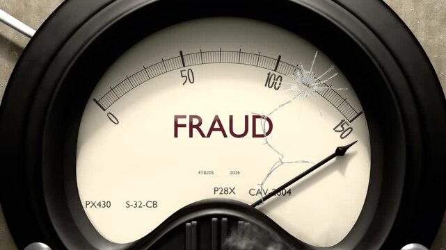 Fraud meter showing big levels of fraud. Dangerously increasing high values of fraud, critical overload. Too much, off the charts. Max fraud