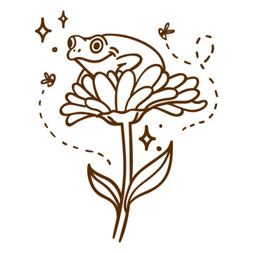 Brown drawing of a frog on a flower