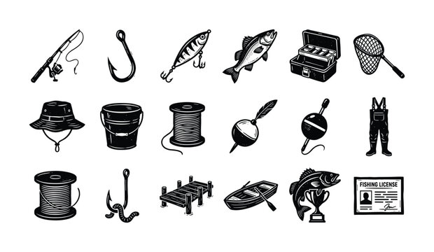 Collection of fishing gear and equipment icons in a linocut style