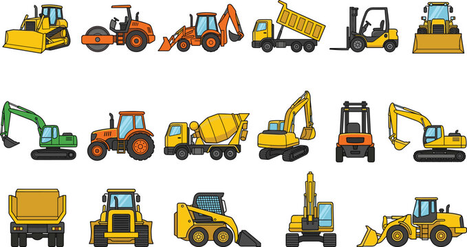 Cartoon Construction Vehicle Collection Featuring Bulldozer, Road Roller, Excavator, Dump Truck, Forklift and Heavy Machinery for Building Projects
