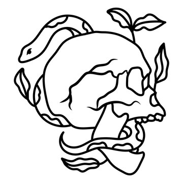 Intricate skull and snake design with botanical elements